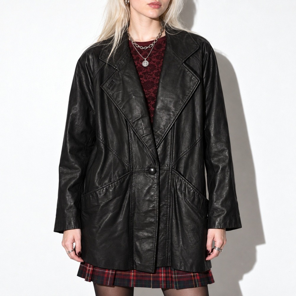 G III S Leather Coat 90s Vintage Oversized Black Womens Raglan Single Button